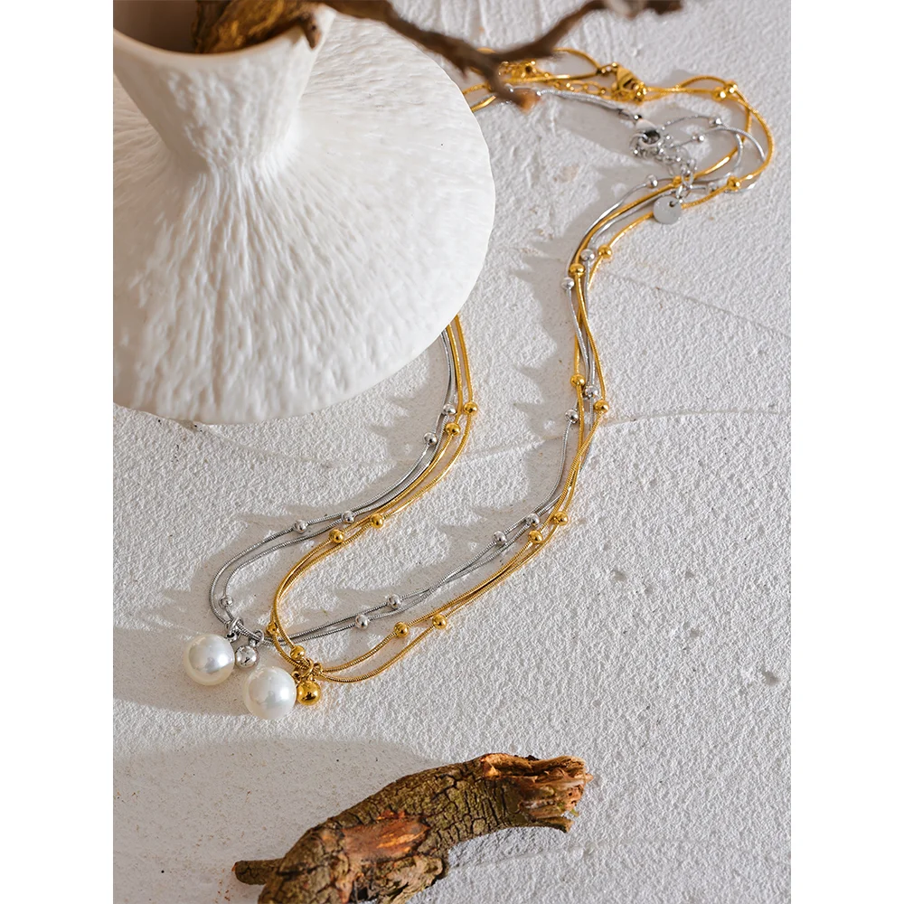 Perla Pearl Snake Chain, waterproof necklace in 316L stainless steel with a gold or silver-tone PVD finish by Lark & Reed, view 6