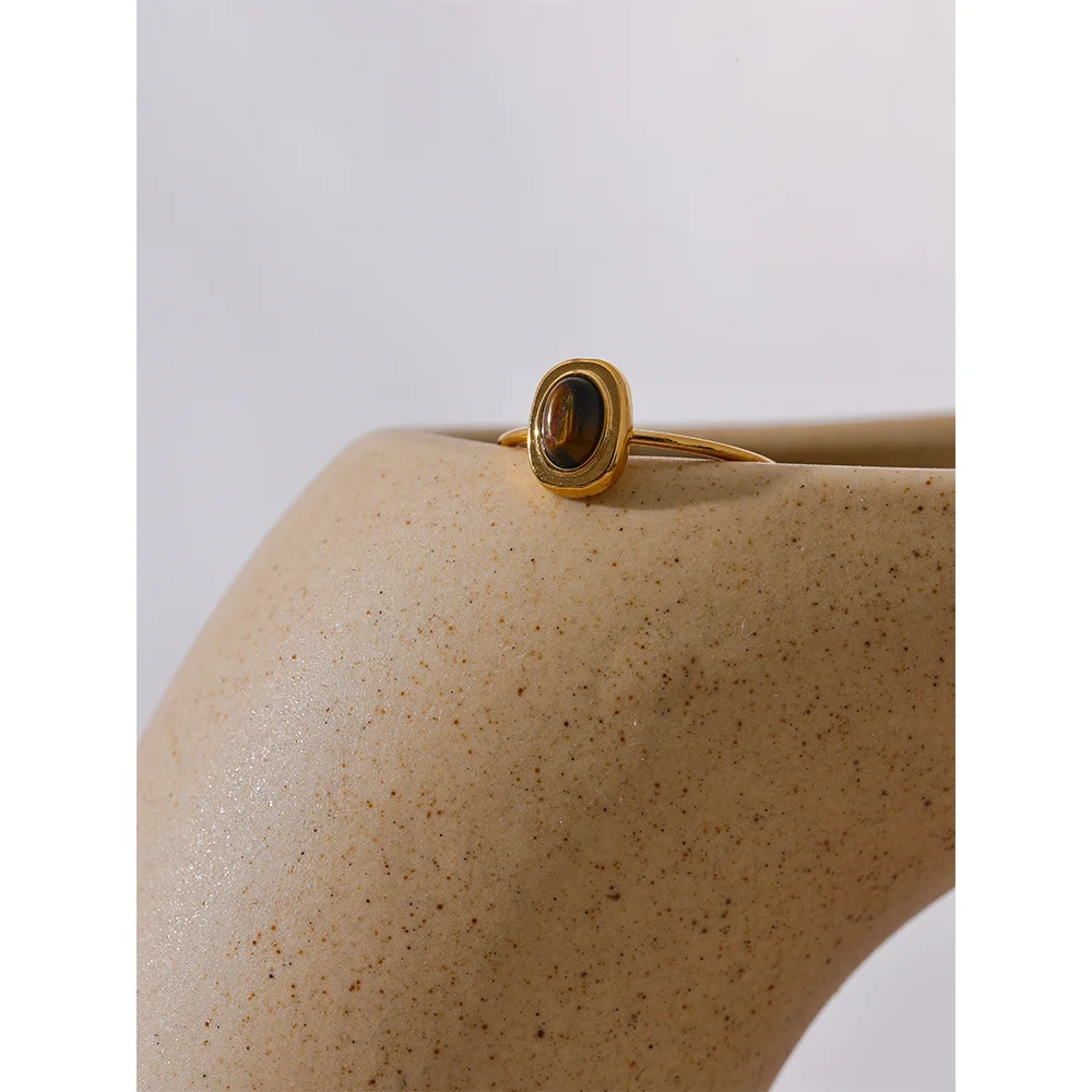Tuva Tiger Eye Ring, waterproof ring in 316L stainless steel with a gold PVD finish by Lark & Reed, view 2
