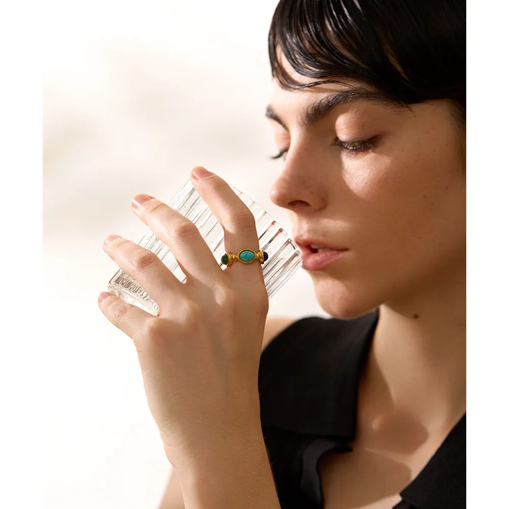Marguerite Multi Stone Band, waterproof ring in 316L stainless steel with a gold PVD finish by Lark & Reed, view 4