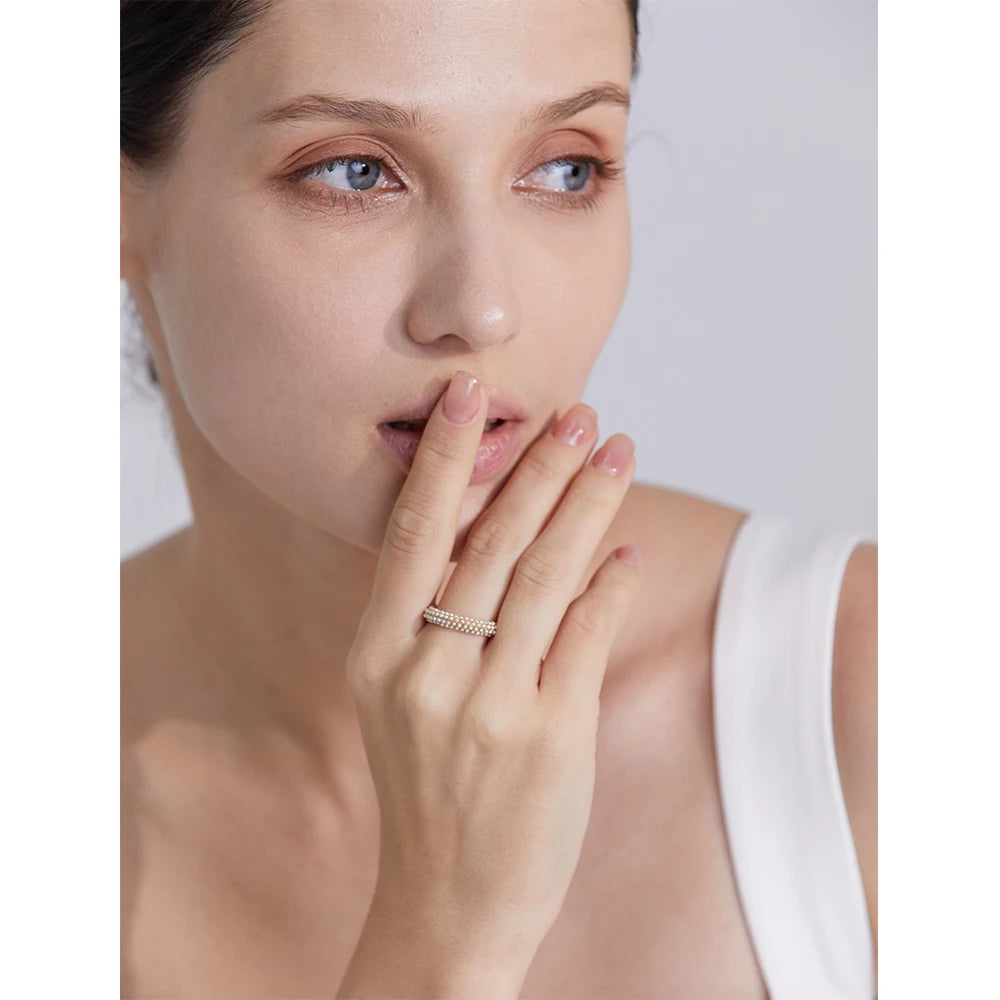 Philippa Pearl Halo Ring, waterproof ring in 316L stainless steel with a gold PVD finish by Lark & Reed, view 4
