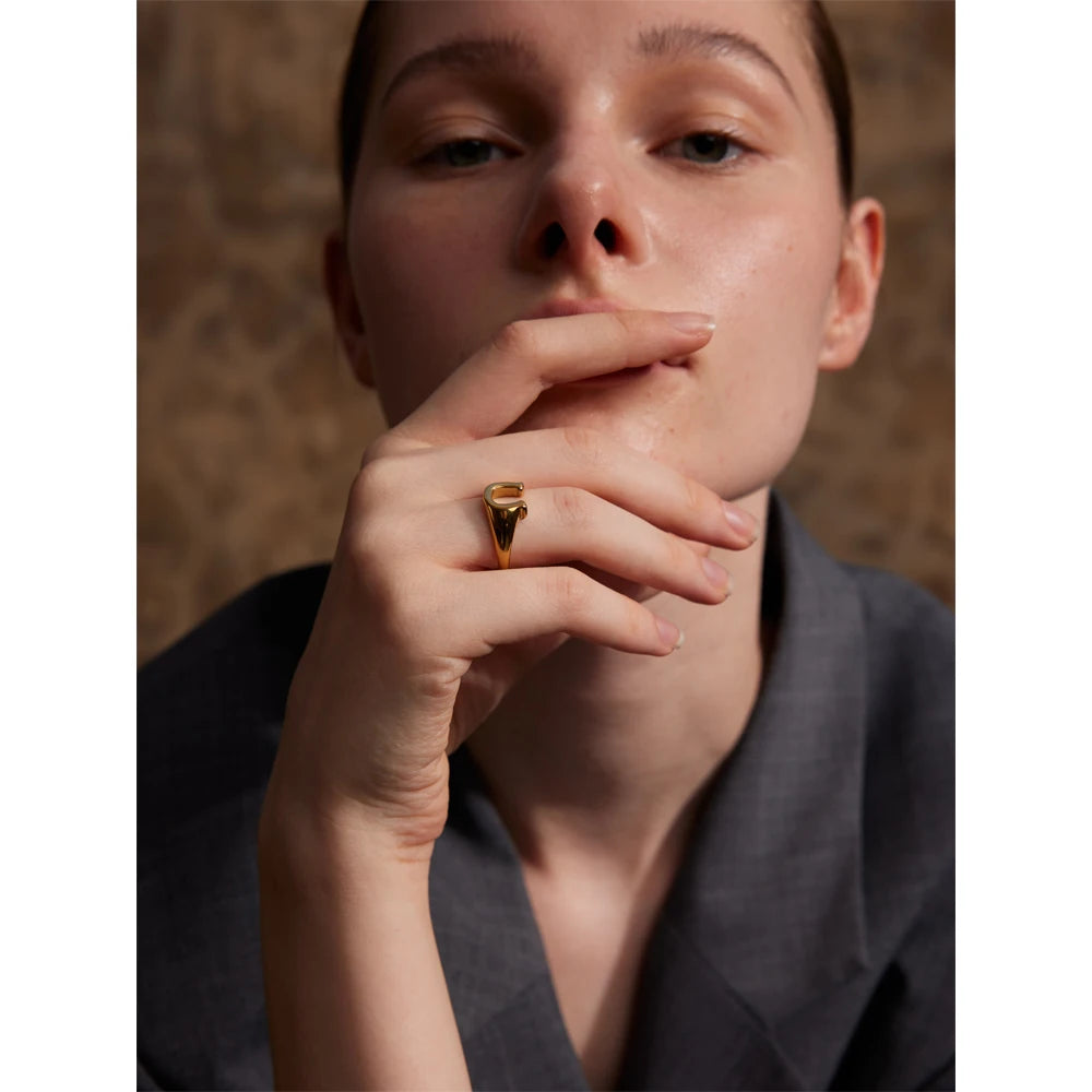 Odette Horseshoe Signet Ring, waterproof ring in 316L stainless steel with a gold PVD finish by Lark & Reed, view 3