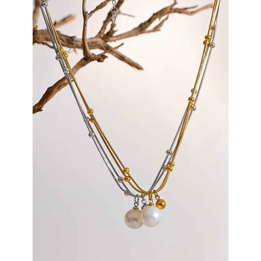 Perla Pearl Snake Chain, waterproof necklace in 316L stainless steel with a gold or silver-tone PVD finish by Lark & Reed, view 5