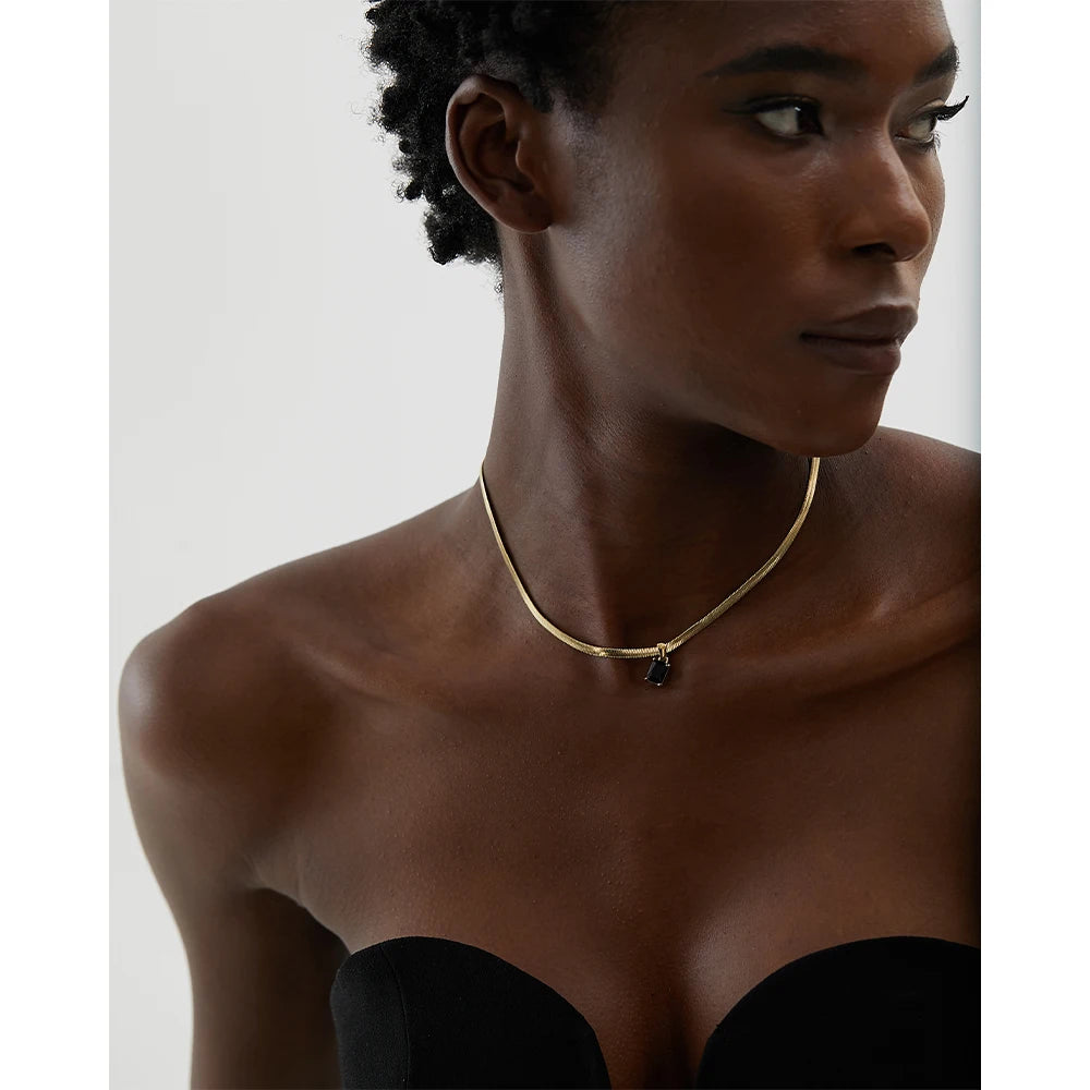 Ottoline Baguette Pendant, waterproof necklace in 316L stainless steel with a gold PVD finish by Lark & Reed, view 4