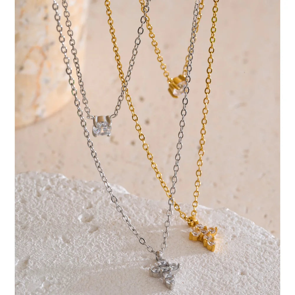 Runa Layered Crystal Necklace, waterproof necklace in 316L stainless steel with a gold or silver-tone PVD finish by Lark & Reed, view 2