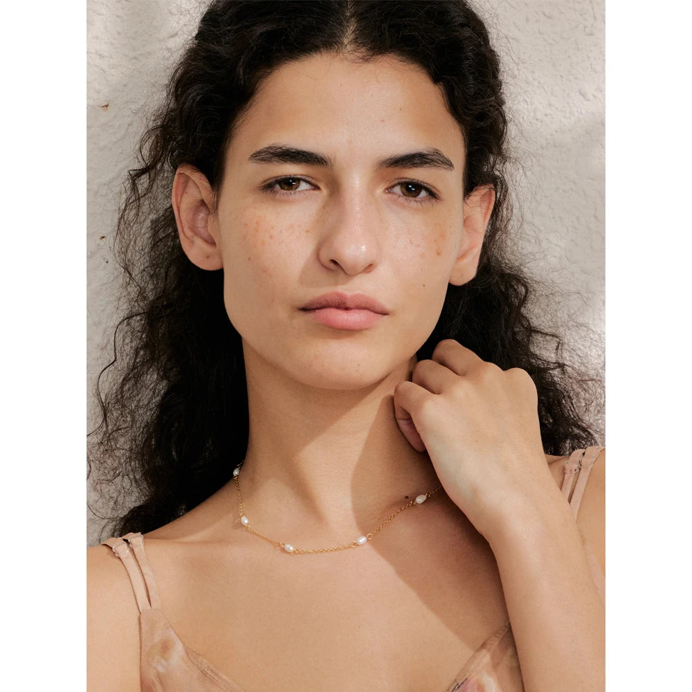 Ilka Pearl Thread Necklace, waterproof necklace in 316L stainless steel with a gold or silver-tone PVD finish by Lark & Reed, view 3