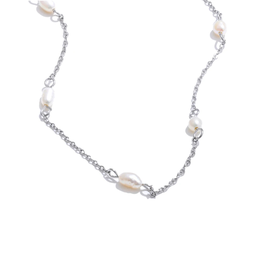 Ilka Pearl Thread Necklace, waterproof necklace in 316L stainless steel with a gold or silver-tone PVD finish by Lark & Reed, view 8