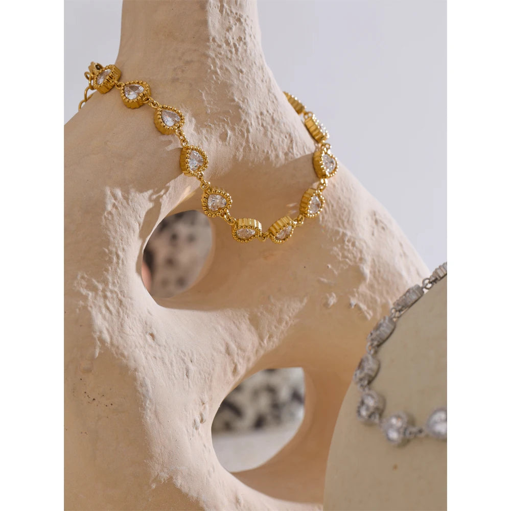 Vanja Crystal Heart Chain Bracelet, waterproof bracelet in 316L stainless steel with a gold or silver-tone PVD finish by Lark & Reed, view 3
