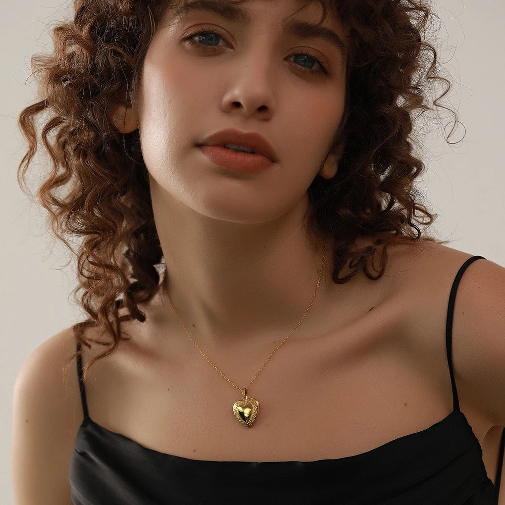 Isolde Heart Locket, waterproof necklace in 316L stainless steel with a gold or silver-tone PVD finish by Lark & Reed, view 3