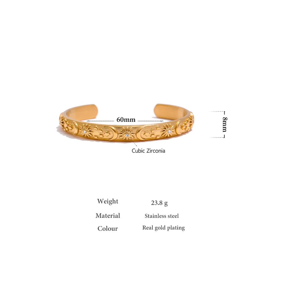 Celestia Engraved Cuff, waterproof bracelet in 316L stainless steel with a gold PVD finish by Lark & Reed, view 6