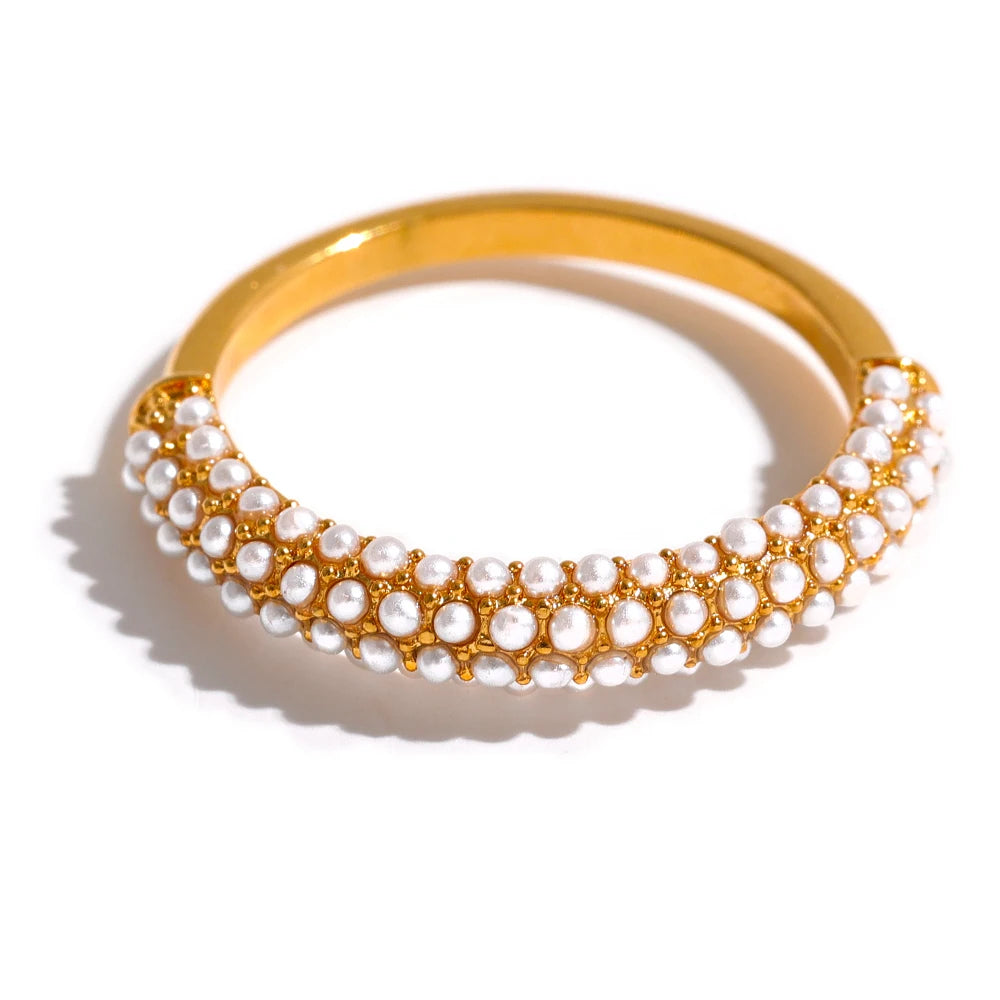 Philippa Pearl Halo Ring, waterproof ring in 316L stainless steel with a gold PVD finish by Lark & Reed, view 7