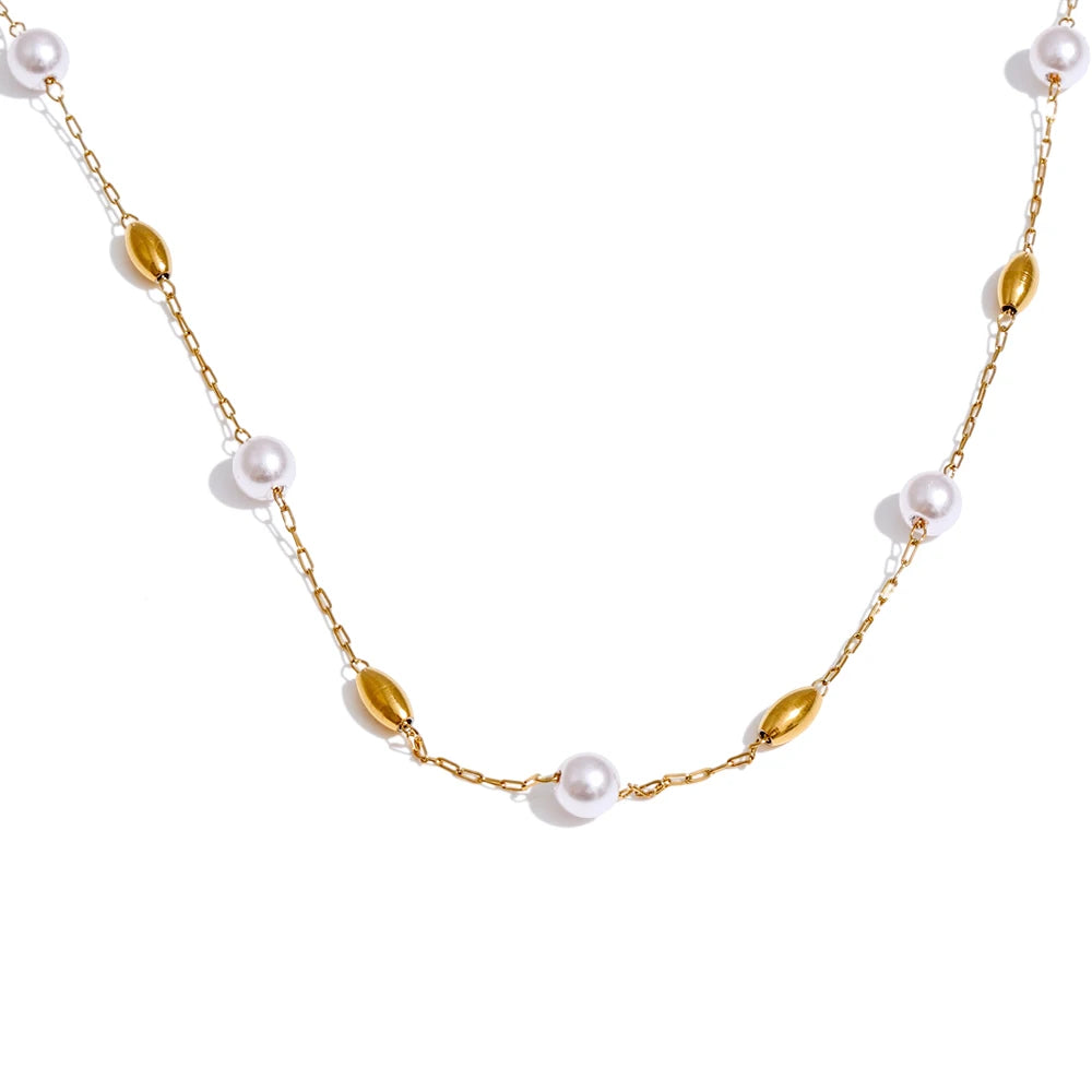 Vilma Pearl Station Chain, waterproof necklace in 316L stainless steel with a gold or silver-tone PVD finish by Lark & Reed, view 8