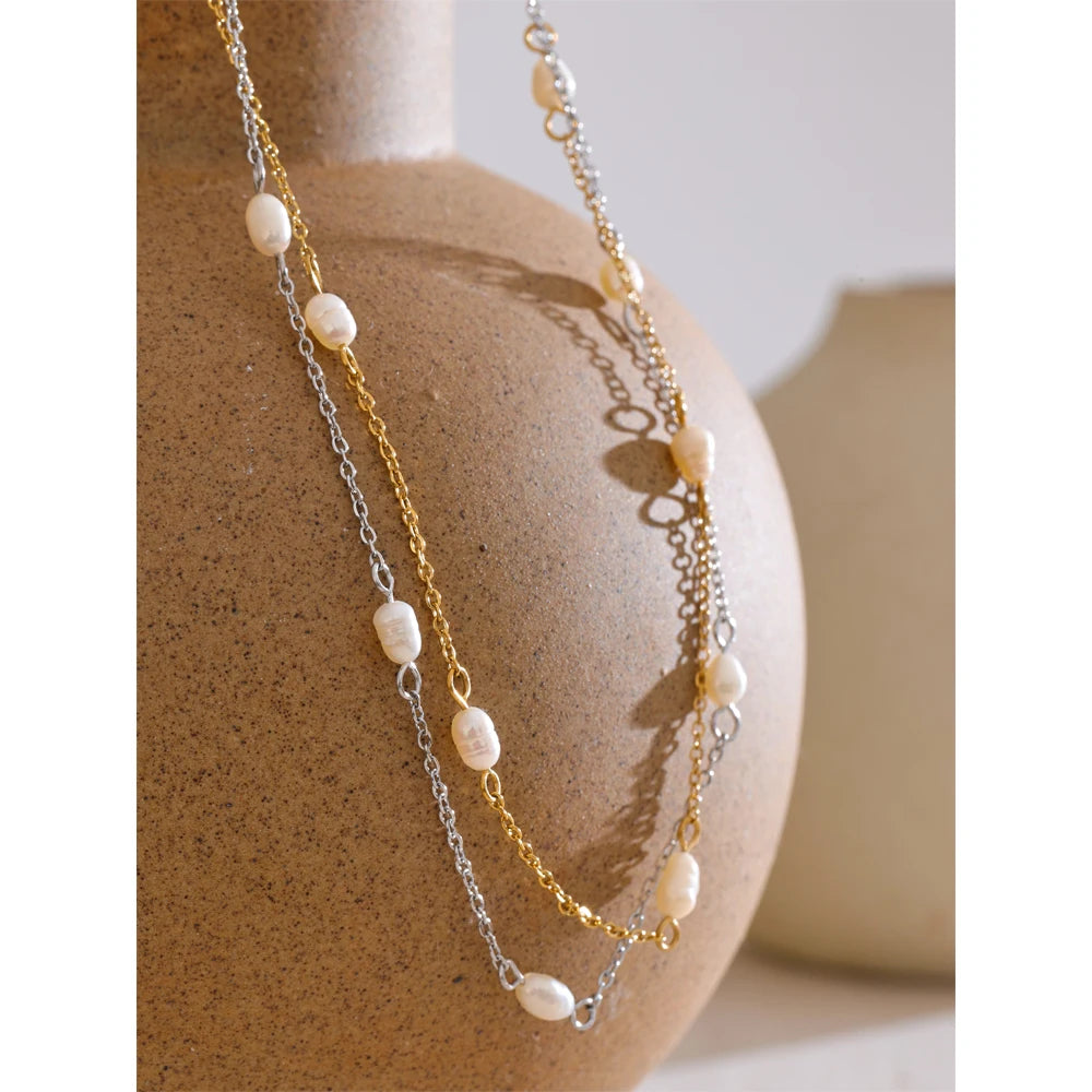 Ilka Pearl Thread Necklace, waterproof necklace in 316L stainless steel with a gold or silver-tone PVD finish by Lark & Reed, view 6