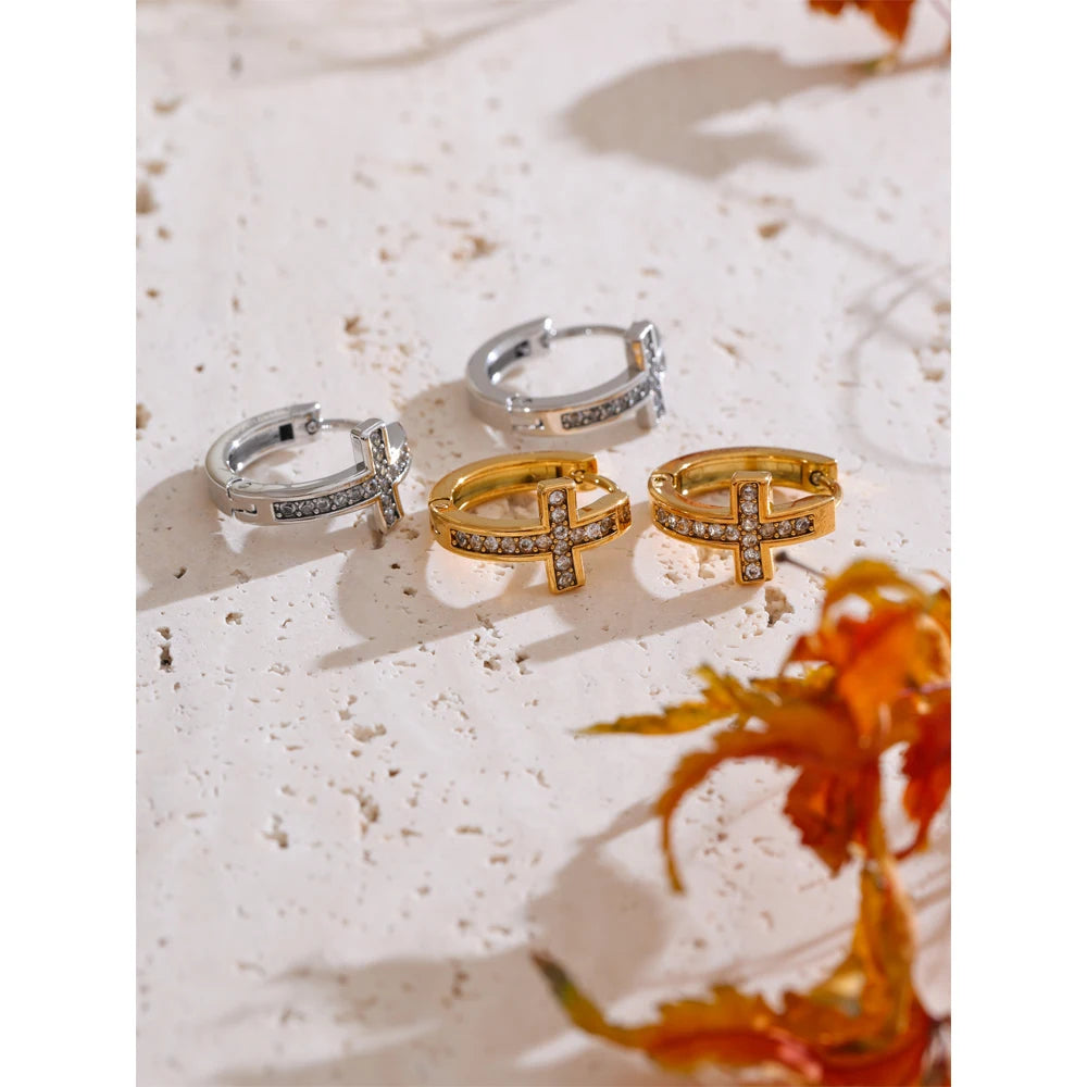 Clemence Cross Crystal Hoops