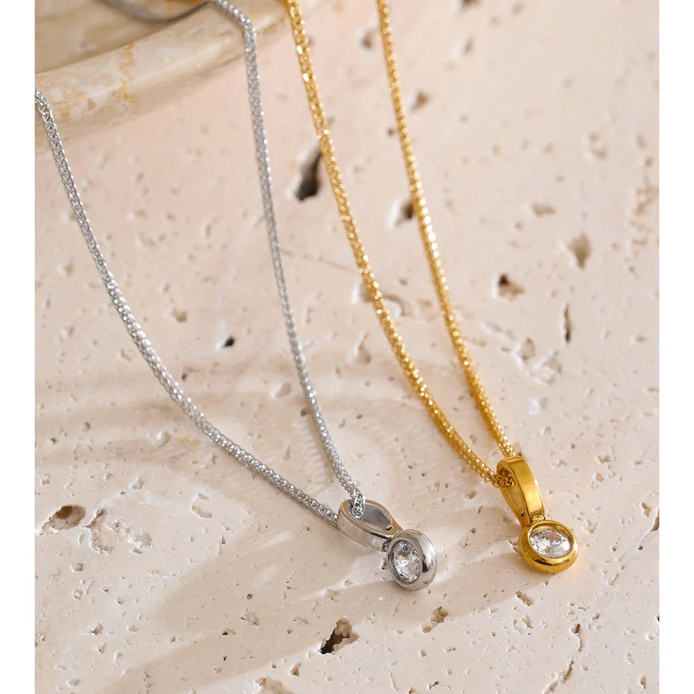 Tilde Bezel Crystal Pendant, waterproof necklace in 316L stainless steel with a gold or silver-tone PVD finish by Lark & Reed, view 3