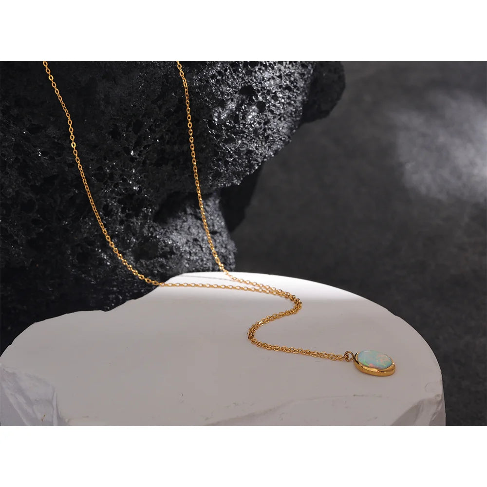 Lucca Opal Pendant, waterproof necklace in 316L stainless steel with a gold or silver-tone PVD finish by Lark & Reed, view 4