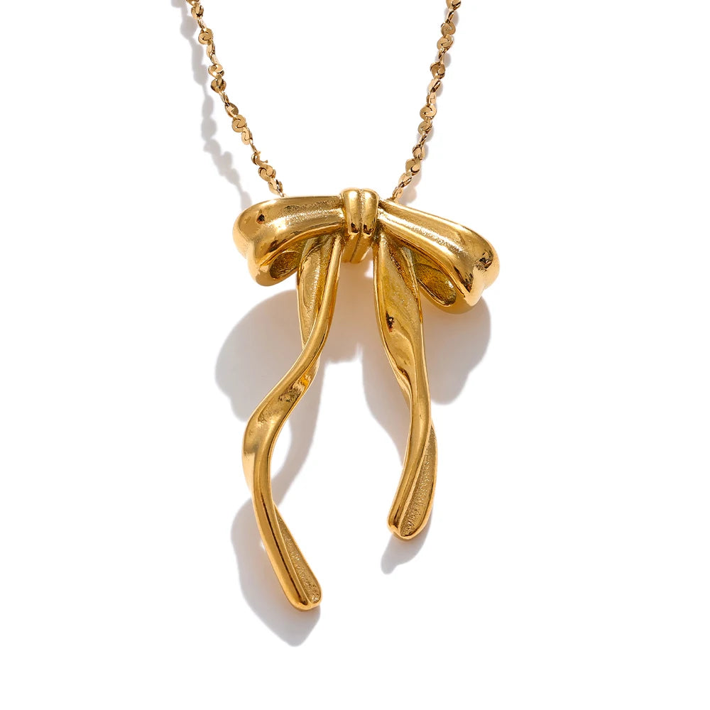 Cecile Bow Pendant, waterproof necklace in 316L stainless steel with a gold or silver-tone PVD finish by Lark & Reed, view 8