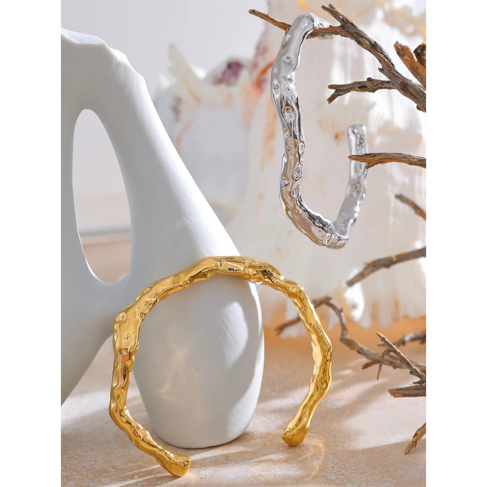 Ghent Hammered Cuff, waterproof bracelet in 316L stainless steel with a gold or silver-tone PVD finish by Lark & Reed, view 4
