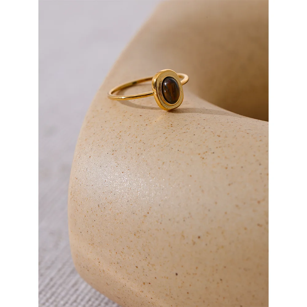 Tuva Tiger Eye Ring, waterproof ring in 316L stainless steel with a gold PVD finish by Lark & Reed, view 4
