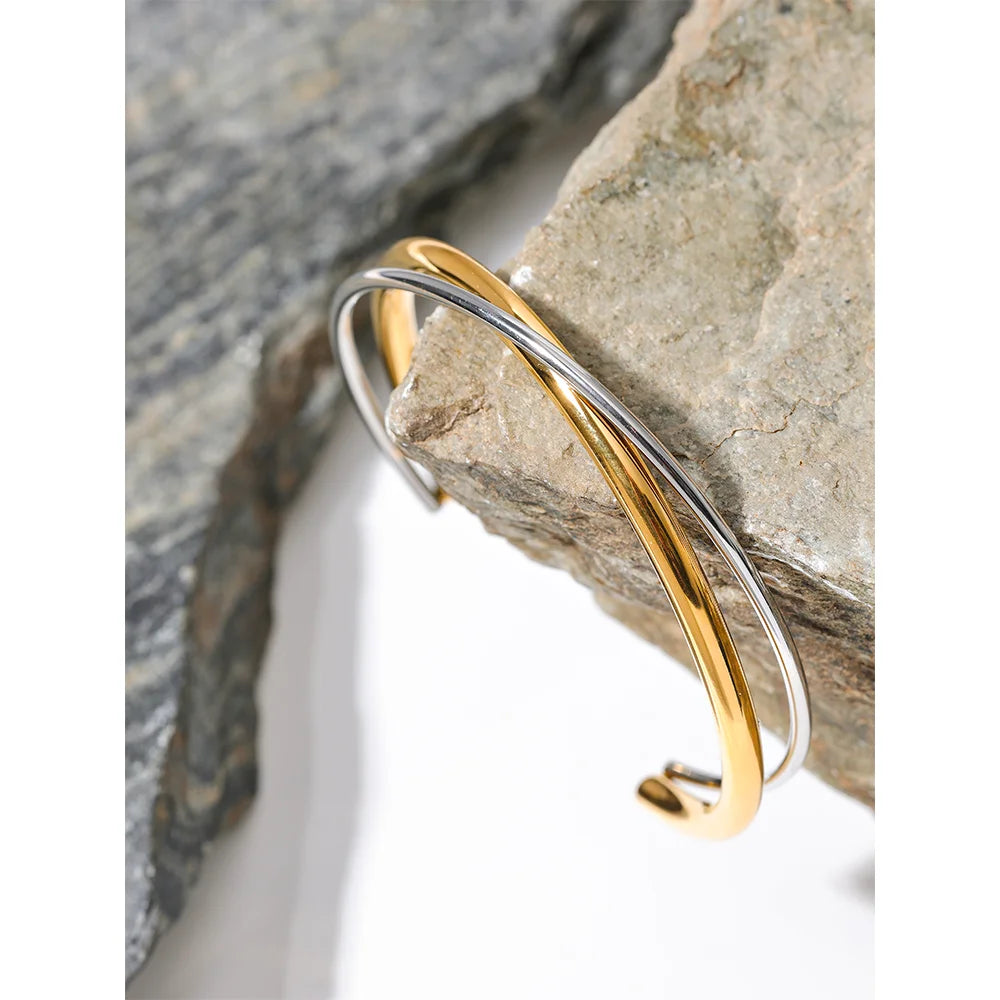 Milan Two-Tone Cuff, waterproof bracelet in 316L stainless steel with a gold PVD finish by Lark & Reed, view 3