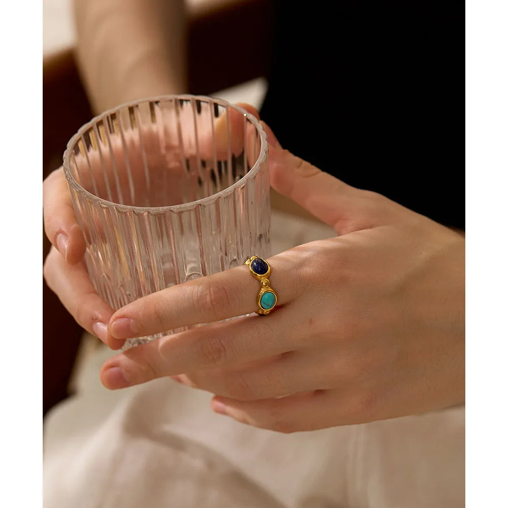 Marguerite Multi Stone Band, waterproof ring in 316L stainless steel with a gold PVD finish by Lark & Reed, view 2