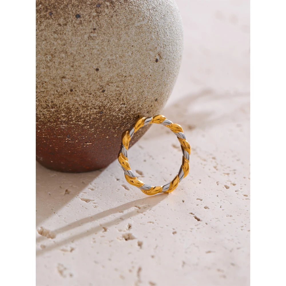 Vilja Two-Tone Twist Ring, waterproof ring in 316L stainless steel with a gold PVD finish by Lark & Reed, view 6
