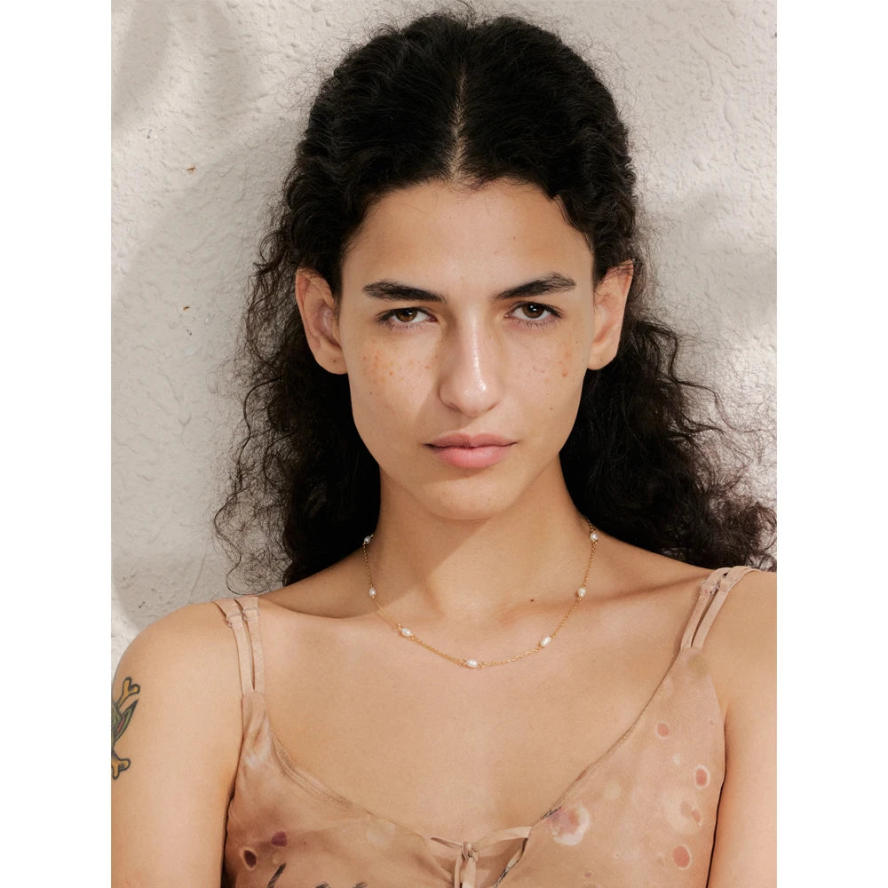 Ilka Pearl Thread Necklace, waterproof necklace in 316L stainless steel with a gold or silver-tone PVD finish by Lark & Reed, view 5