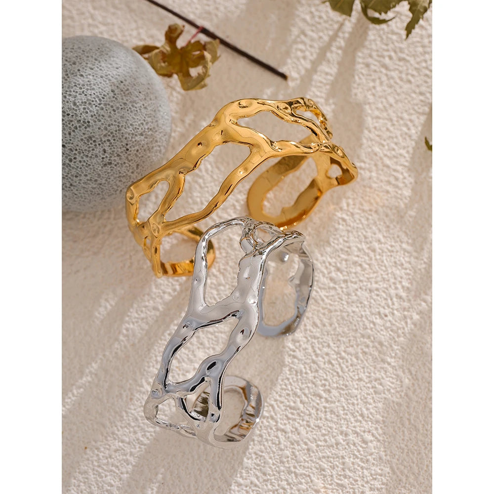 Positano Molten Cuff, waterproof bracelet in 316L stainless steel with a gold or silver-tone PVD finish by Lark & Reed, view 4