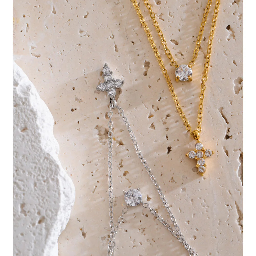 Runa Layered Crystal Necklace, waterproof necklace in 316L stainless steel with a gold or silver-tone PVD finish by Lark & Reed, view 5
