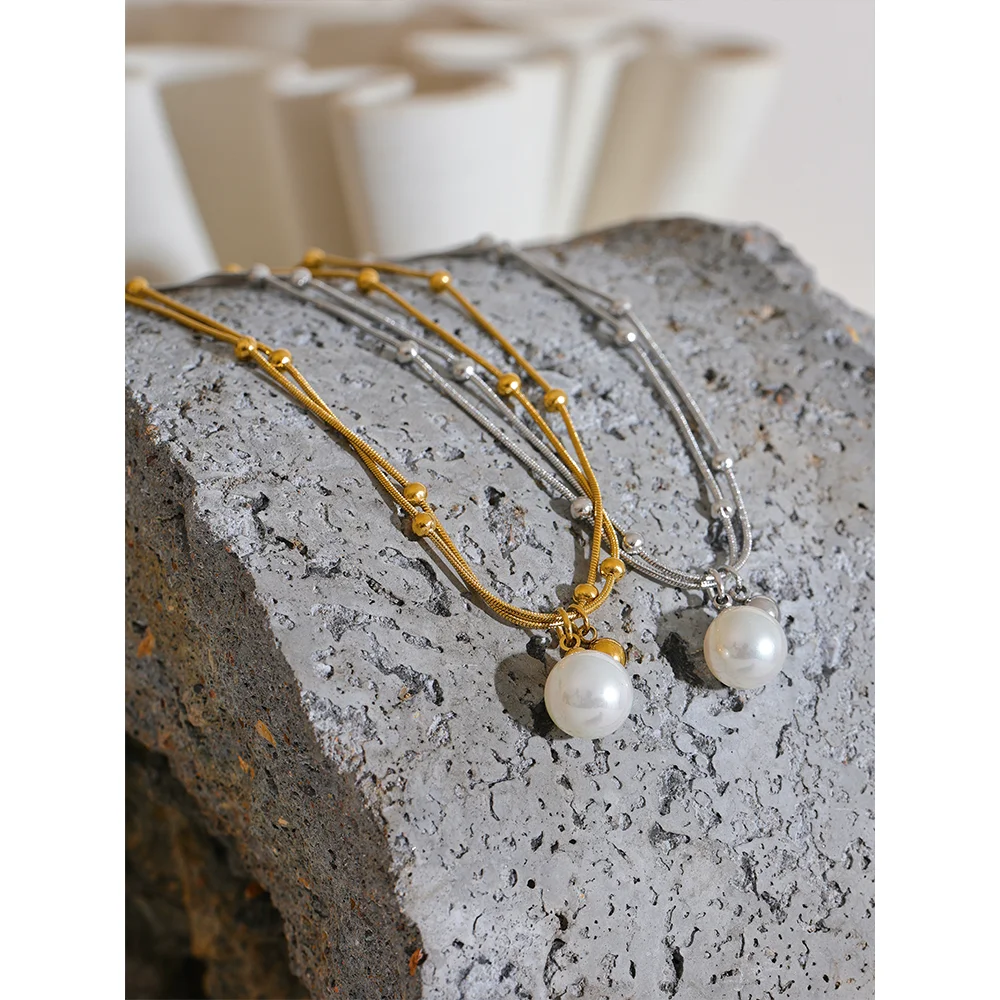 Perla Pearl Snake Chain, waterproof necklace in 316L stainless steel with a gold or silver-tone PVD finish by Lark & Reed, view 4