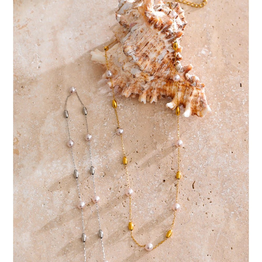 Vilma Pearl Station Chain, waterproof necklace in 316L stainless steel with a gold or silver-tone PVD finish by Lark & Reed, view 4