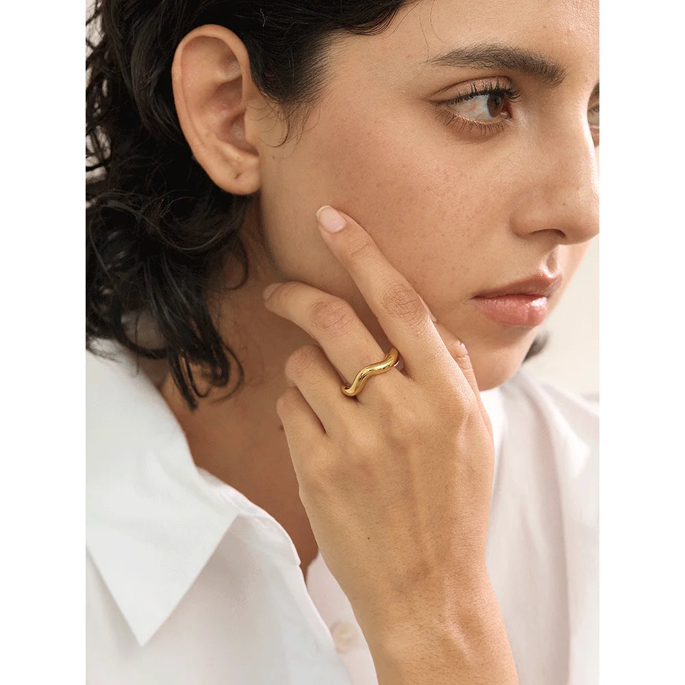 Trine Twist Band, waterproof ring in 316L stainless steel with a gold or silver-tone PVD finish by Lark & Reed, view 2