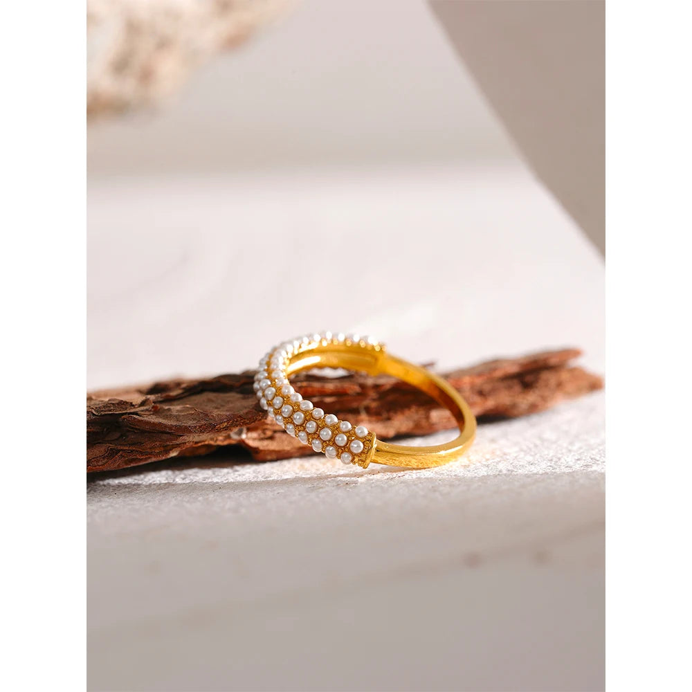 Philippa Pearl Halo Ring, waterproof ring in 316L stainless steel with a gold PVD finish by Lark & Reed, view 6
