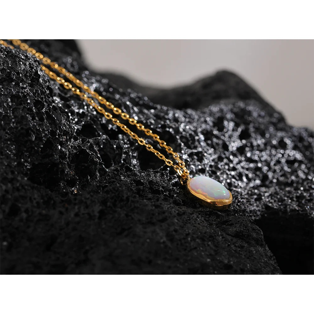Lucca Opal Pendant, waterproof necklace in 316L stainless steel with a gold or silver-tone PVD finish by Lark & Reed, view 6