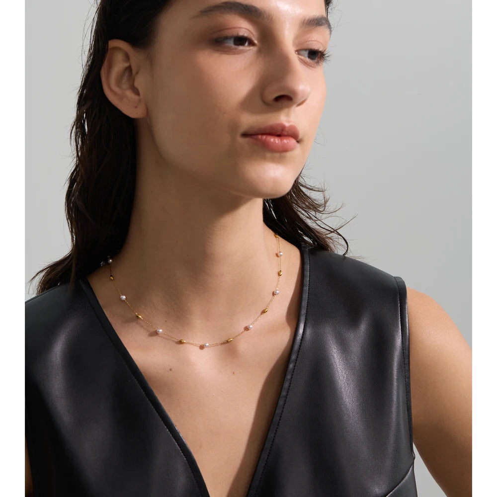 Vilma Pearl Station Chain, waterproof necklace in 316L stainless steel with a gold or silver-tone PVD finish by Lark & Reed, view 5