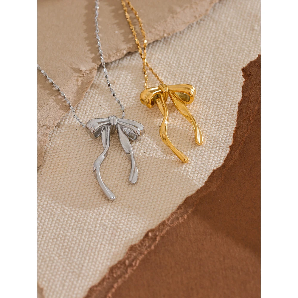 Cecile Bow Pendant, waterproof necklace in 316L stainless steel with a gold or silver-tone PVD finish by Lark & Reed, view 3
