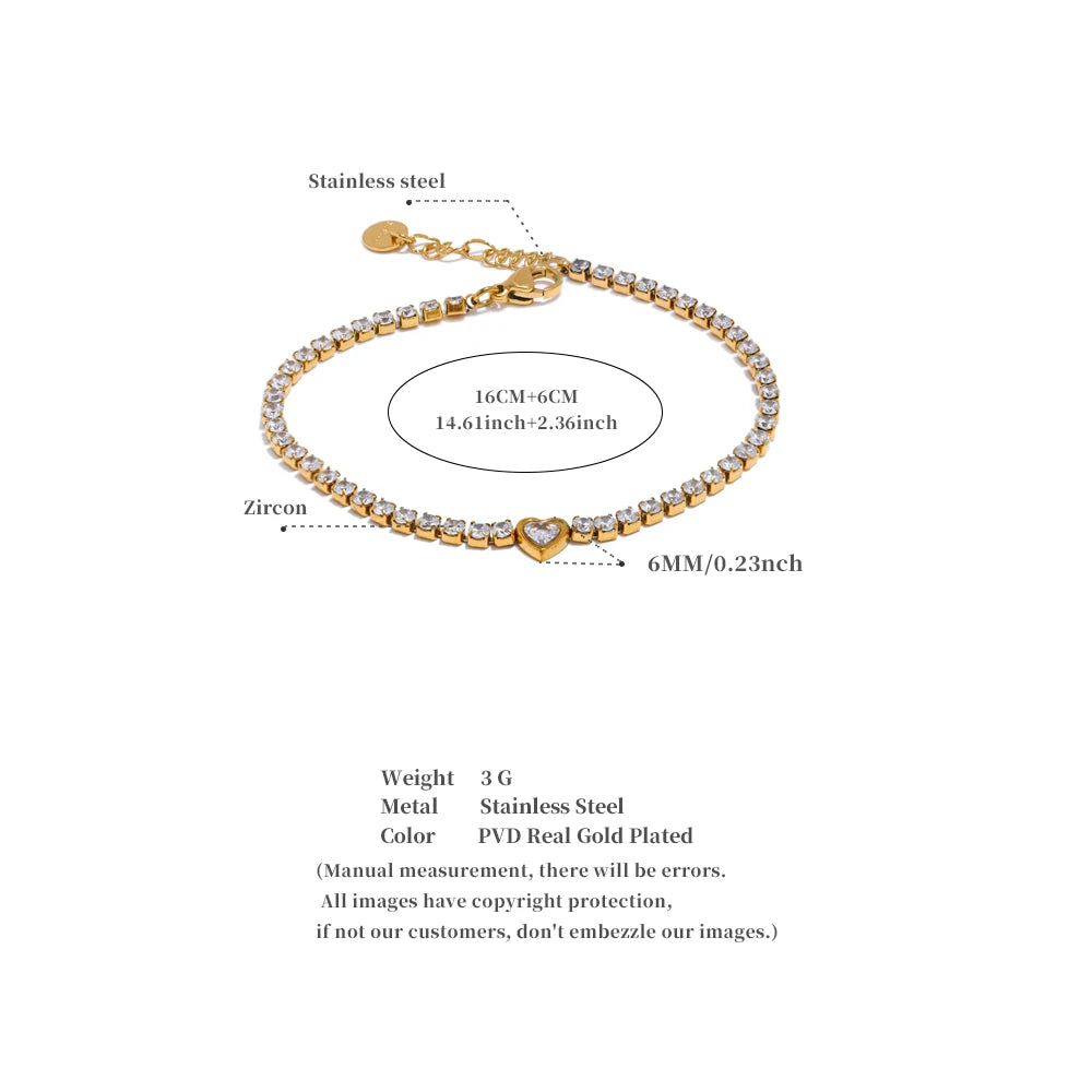 Pulsera tennis Juno con corazón, pulsera, resistente al agua, acero inoxidable 316L con acabado PVD dorado o plateado, Lark & Reed, vista 6