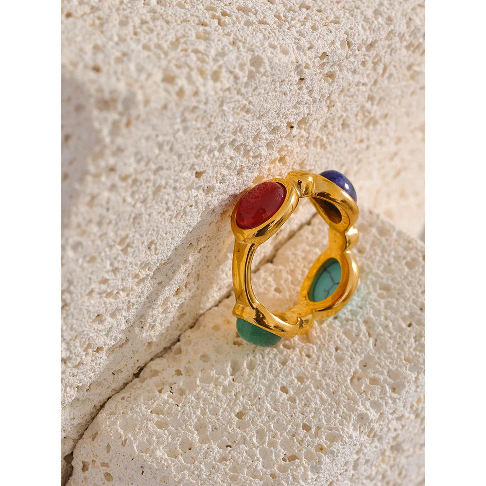 Marguerite Multi Stone Band, waterproof ring in 316L stainless steel with a gold PVD finish by Lark & Reed, view 6