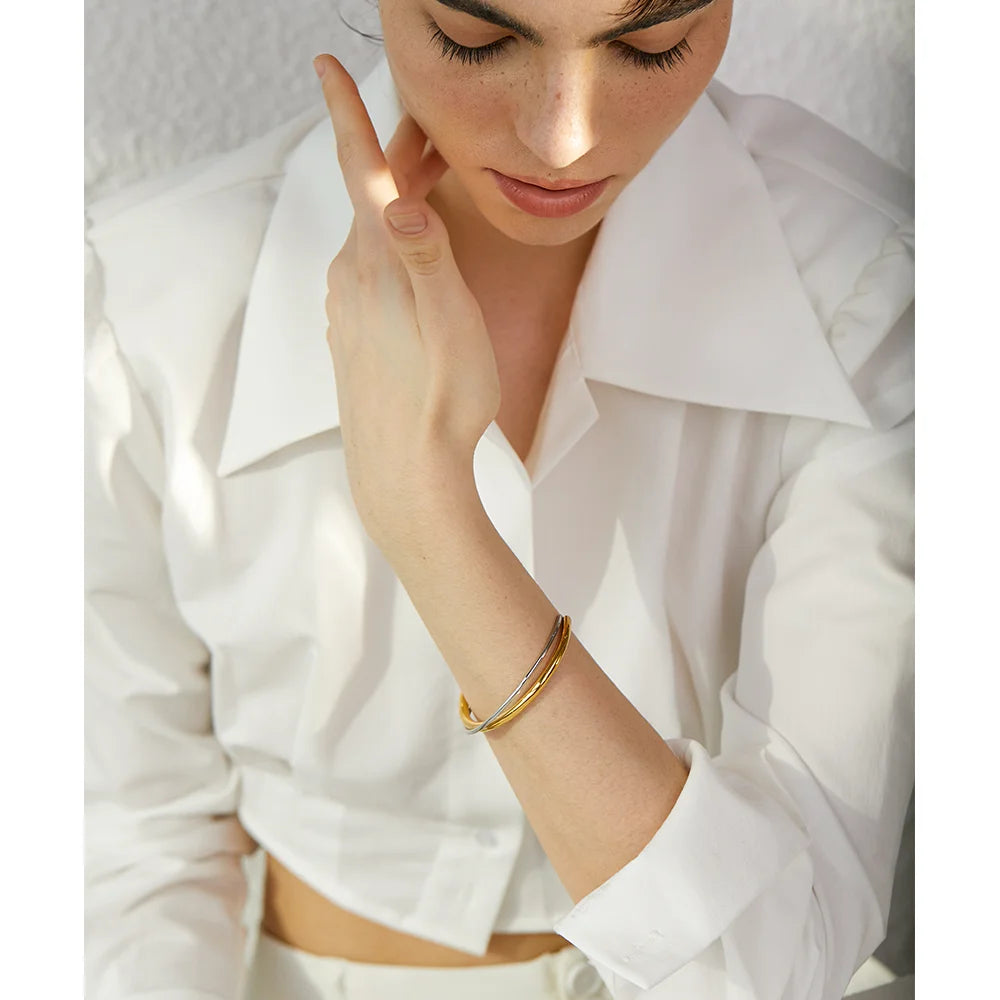 Milan Two-Tone Cuff, waterproof bracelet in 316L stainless steel with a gold PVD finish by Lark & Reed, view 4