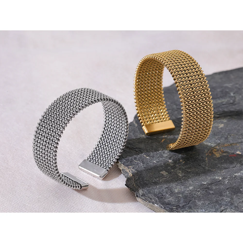 Brazalete abierto Haarlem malla, pulsera, resistente al agua, acero inoxidable 316L con acabado PVD dorado o plateado, Lark & Reed, vista 3