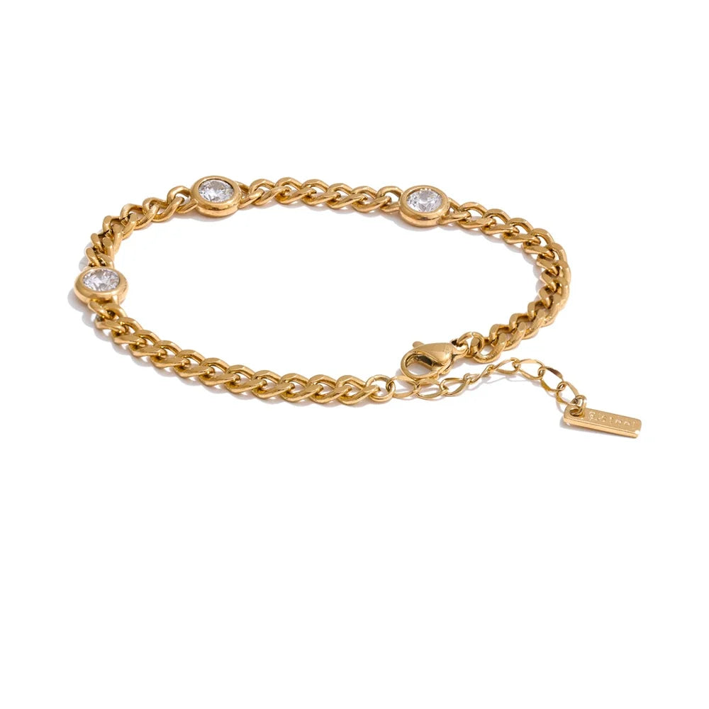 Amelia poleret panserarmbånd med zirkonia, armbånd, tåler vand, rustfrit stål 316L med guld- eller sølvfarvet PVD-belægning, Lark & Reed