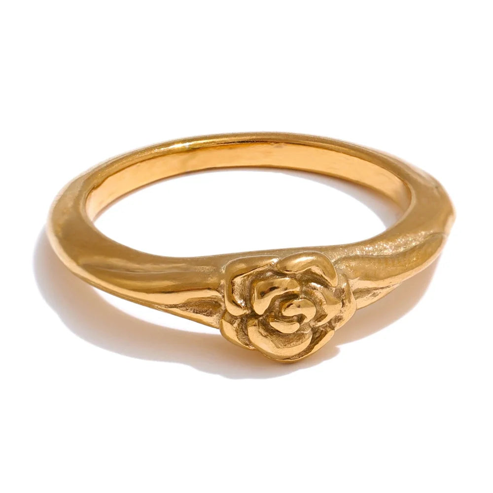 Cosette Rose Signet Ring, waterproof ring in 316L stainless steel with a gold or silver-tone PVD finish by Lark & Reed