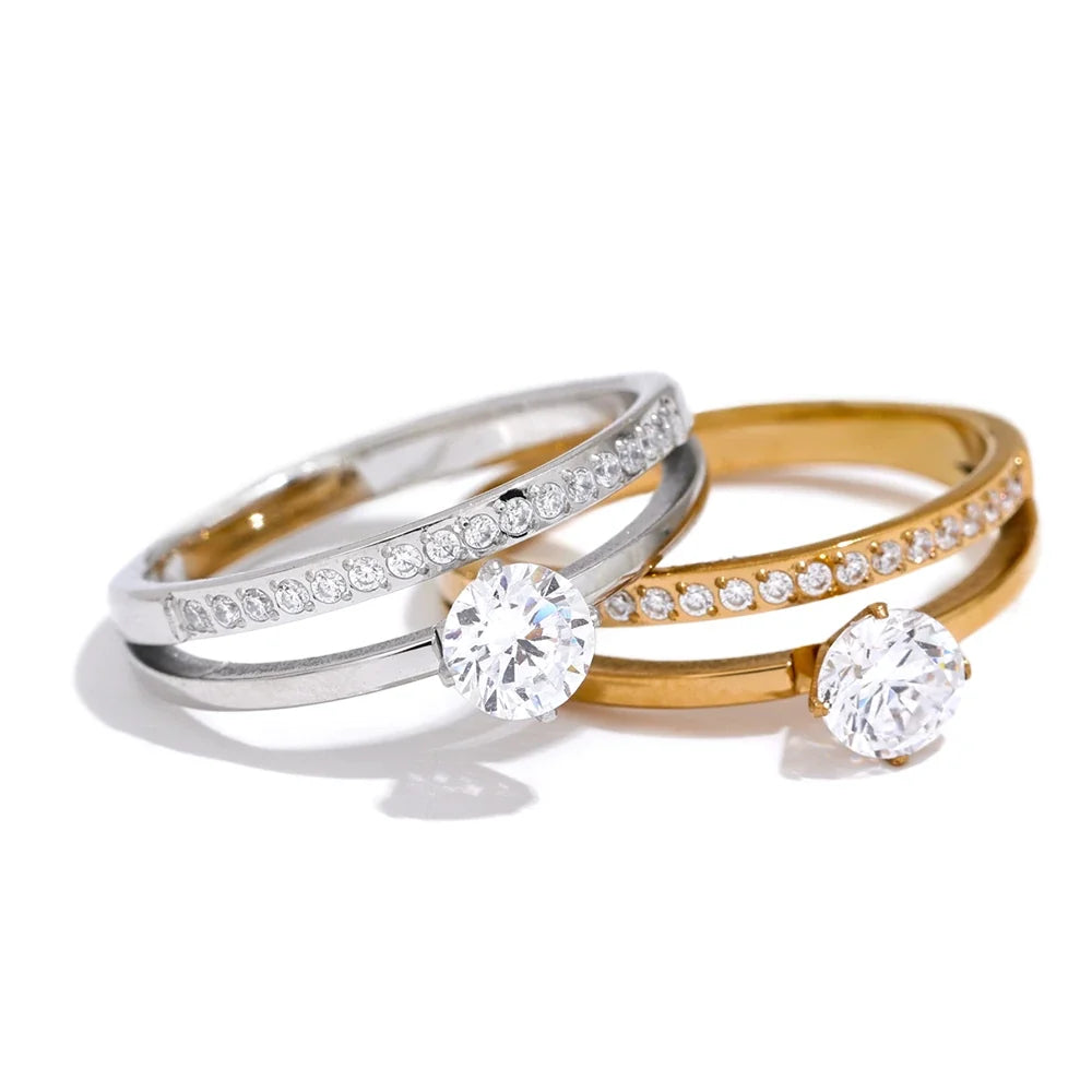 Elina ring med to rækker zirkonia, ring, tåler vand, rustfrit stål 316L med guld- eller sølvfarvet PVD-belægning, Lark & Reed