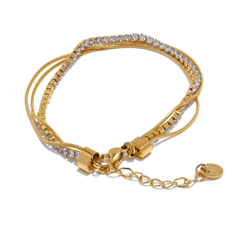 Esta dobbelt armbånd med zirkonia, armbånd, tåler vand, rustfrit stål 316L med guld- eller sølvfarvet PVD-belægning, Lark & Reed