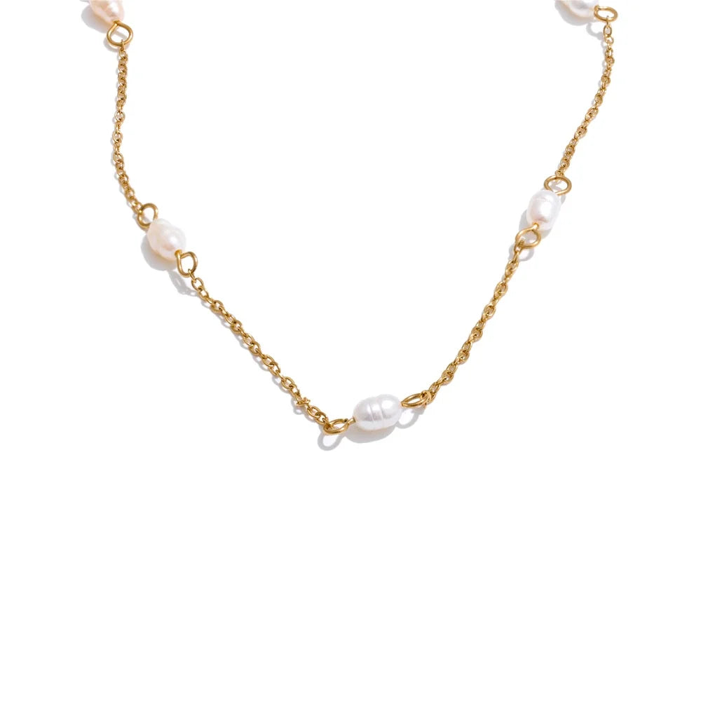 Ilka Pearl Thread Necklace, waterproof necklace in 316L stainless steel with a gold or silver-tone PVD finish by Lark & Reed