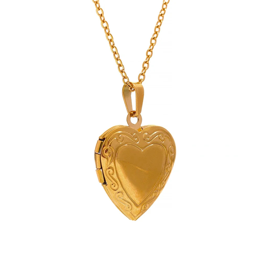 Isolde Heart Locket, waterproof necklace in 316L stainless steel with a gold or silver-tone PVD finish by Lark & Reed