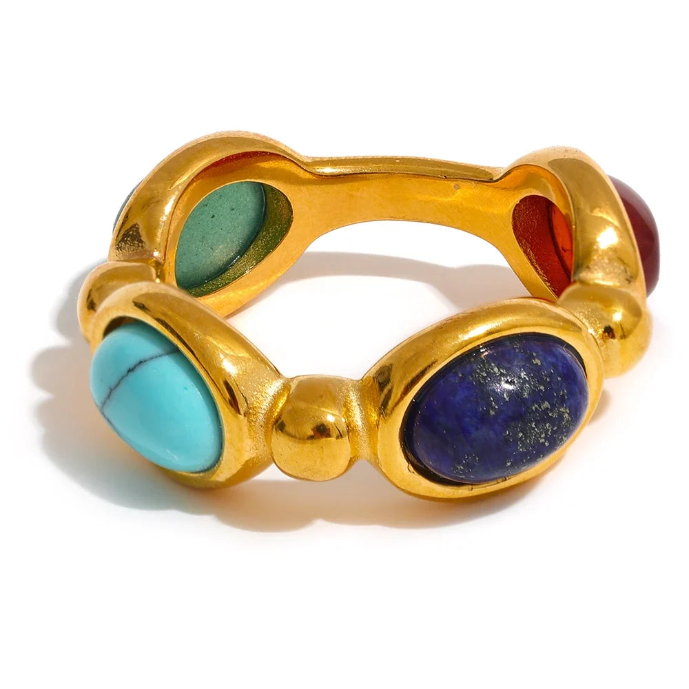 Marguerite Multi Stone Band, waterproof ring in 316L stainless steel with a gold PVD finish by Lark & Reed