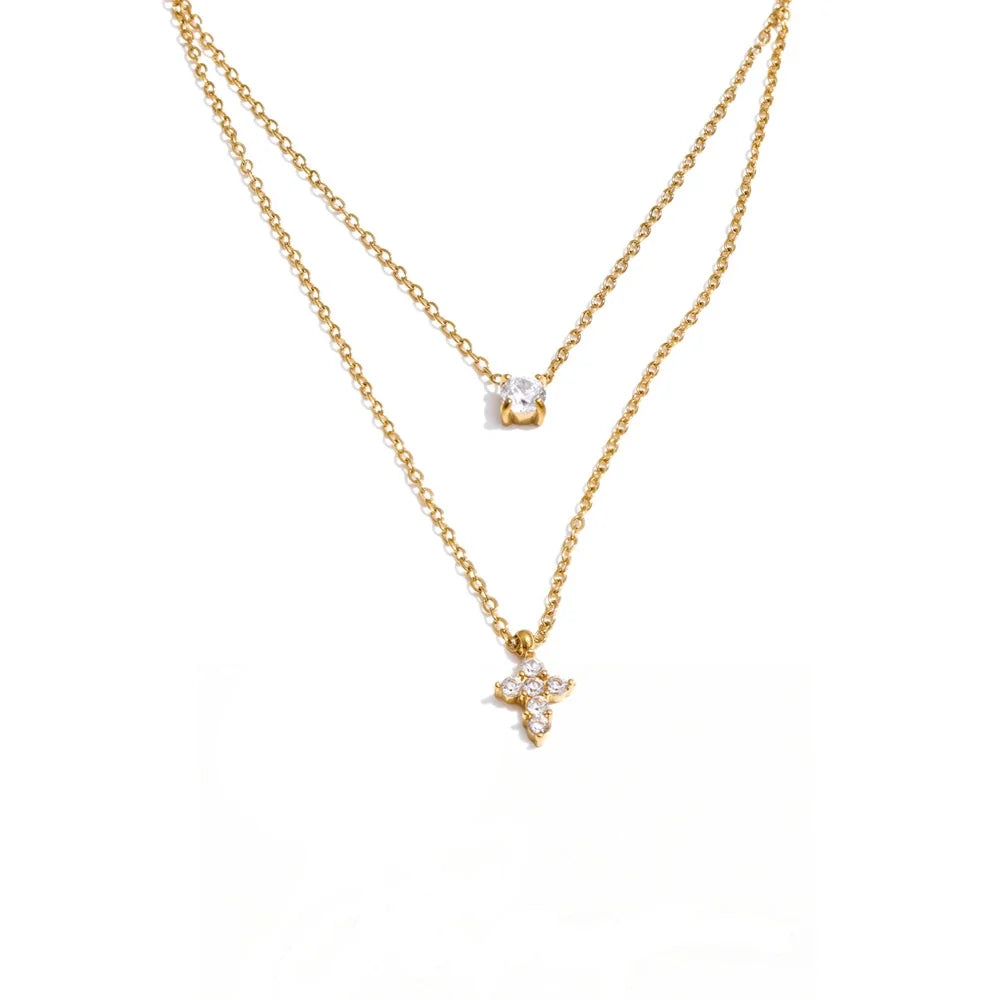 Runa Layered Crystal Necklace, waterproof necklace in 316L stainless steel with a gold or silver-tone PVD finish by Lark & Reed