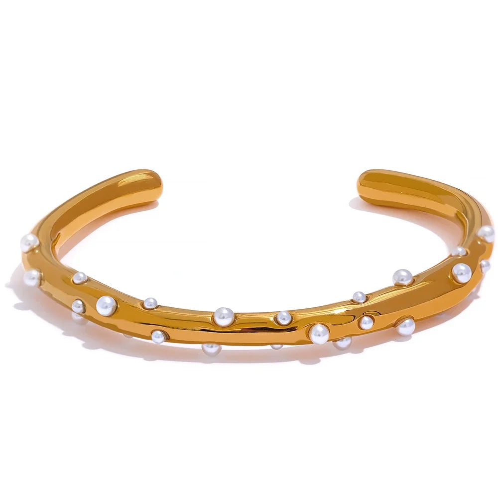 Valencia åben armring med små perler, armbånd, tåler vand, rustfrit stål 316L med guldfarvet PVD-belægning, Lark & Reed