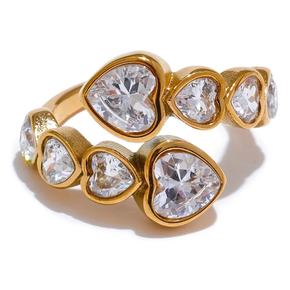 Vibeke Crystal Heart Ring, waterproof ring in 316L stainless steel with a gold PVD finish by Lark & Reed