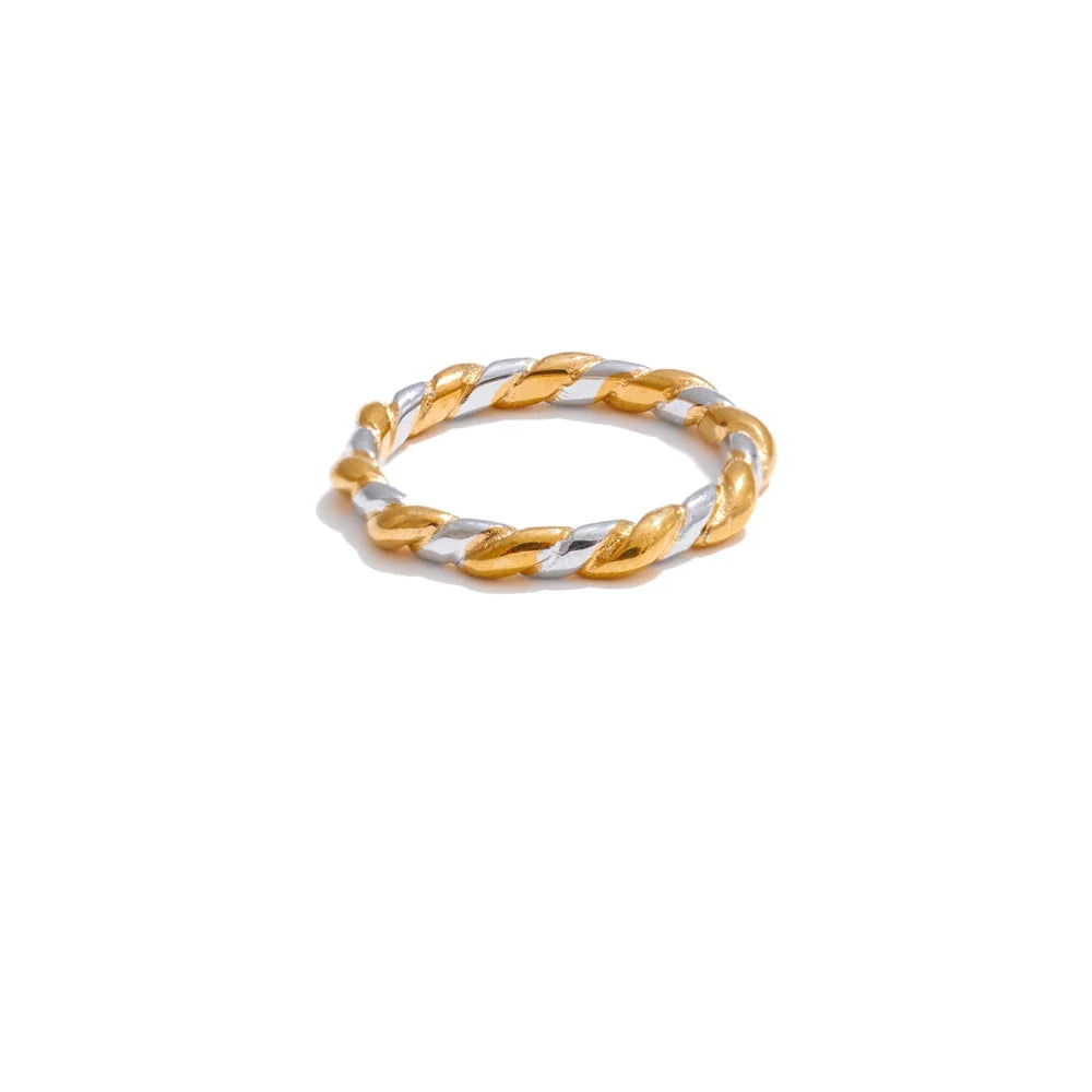 Vilja Two-Tone Twist Ring, waterproof ring in 316L stainless steel with a gold PVD finish by Lark & Reed